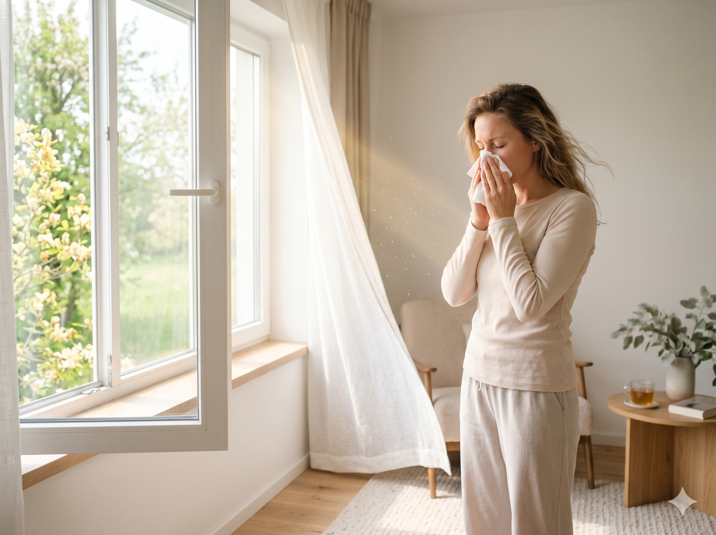 Pollenszezonban tüsszögő nő nyitott ablak mellett - a pollen otthonig követi